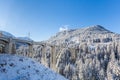 train viaduct Langwies in Switzerland in sunshine, winter, snow, blue sky Royalty Free Stock Photo