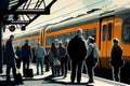 train, with view of bustling station and passengers waiting for their train, on busy day