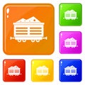 Train waggon with coal icons set vector color