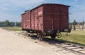 The train wagon in the rail entrance at concentration camp Auschwitz II - Birkenau, Poland.