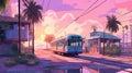 Dreamy Anime-inspired Painting Of Train On Tracks Near City With Palm Trees