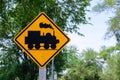 Train warning sign, railway crossing in the countryside