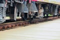 Train wheel close up on railway track at station Royalty Free Stock Photo