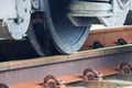 Train wheel close up on railway track at station Royalty Free Stock Photo