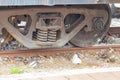 Train wheel close up on railway track at station Royalty Free Stock Photo