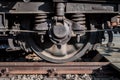 Train wheel closeup - railroad wagon wheel macro Royalty Free Stock Photo