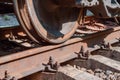 Train wheel on rails. Close. Rail transportation Royalty Free Stock Photo