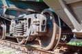 Train wheel on rails. Close. Rail transportation Royalty Free Stock Photo