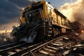 Train wreck in the smoke at sunset. 3d rendering. Computer digital drawing, serious rail accident, AI Generated