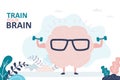 Train your brain. Pink brain wearing glasses with dumbbells. Weight lifting for brain. Concept of healthcare, brainstorming and Royalty Free Stock Photo
