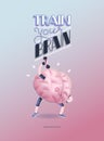 Train your brain poster with lettering, dumbbells exercises