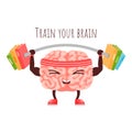 Train your brain. Smart sport exercises workout, mental training and education gym. Brain character lifts barbell with