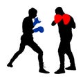 Trainer and boxer vector silhouette isolated on white background. Sparring partner martial arts. Direct kick. Clinch, knockout.