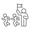 Trainer and children thin line icon, children physical education concept, coach training running kids sign on white