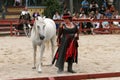 A trainer dressed as medieval lady demonstrates horse skills