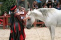 A trainer dressed as medieval lady demonstrates horse skills