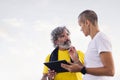 trainer explaining training with tablet to old man Royalty Free Stock Photo