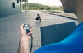 Trainer hand using chronometer to timing woman