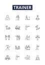Trainer line vector icons and signs. Educator, Mentor, Guide, Coach, Tutor, Counsellor, Adviser, Facilitator outline