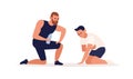 Trainer making support to tired man during training at gym vector flat illustration. Male coach suggest water to client