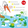 Training care for children with help of educational exercise. Find same frogs. What kind of frog stork will catch first