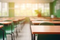 A training class. A school classroom with desks and chairs in sunlight. Back to school.