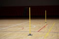 Training cones on hardwood court floor. Basketball, futsal, handball and volleyball practice. Game Equipment Horizontal sport them Royalty Free Stock Photo