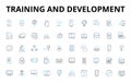 Training and development linear icons set. Growth, Performance, Learning, Success, Coaching, Skills, Enhancement vector