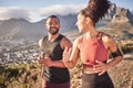 Training, exercise and black couple running in nature for fitness, heart health and wellness. Sports, cardio and happy Royalty Free Stock Photo