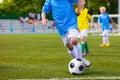 Training and football match between youth soccer teams. Young boys kicking soccer game Royalty Free Stock Photo