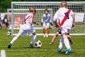 Training and football match between youth teams. Young boys play