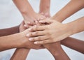 Training, hands and above business people collaboration in support of team building, idea or mission. Hand, teamwork and Royalty Free Stock Photo