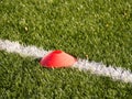 Training mark in soccer playfield. White line marks painted on artificial green turf background Royalty Free Stock Photo