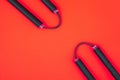 Training nunchaku isolated on a red background. Asian Nunchaku weapon on a red background and a place for text