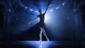 Training before performance. Young woman, elegant ballet dancer in motion, dancing on theater stage with spotlights