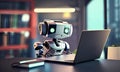 Training of robots and artificial intelligence. robot sits at a table with laptops in a library . The robot works with