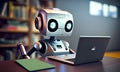 Training of robots and artificial intelligence. robot sits at a table with laptops in a library . robot works with a