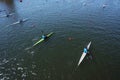 training of rowers on kayaks and canoes on rowing channel. top view