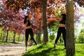 Training sequence of a young boxer athlete training outdoors in the Park hitting the tree with her fist in different positions