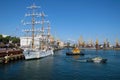 The training ship `Cuauhtemoc` departs from the pier.