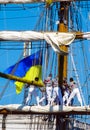 Mexican sailors work on the yards. Royalty Free Stock Photo