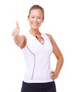 Training, thumbs up and woman in studio for fitness success, workout achievement and health support or like emoji
