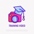 Training video thin line icon: camera in graduation cap. Modern vector illustration for logo of tutorial video Royalty Free Stock Photo