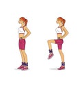 Training with weightlifters on the legs. The girl performs exercises swings, lifts and bringing the legs from a standing with the