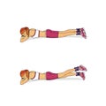 Training with weightlifters on the legs. The girl performs exercises swings, lifts and bringing the legs from a prone position