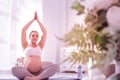 Young beaming long-haired pregnant woman in a white t-shirt looking peaceful Royalty Free Stock Photo