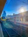 Brussels, Belgium - February 2019: Trains arriving at the platform for passengers Inside the Brussels-North Train