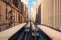 Trains arriving railway station between buildings in downtown Chicago, Illinois. Public transportation, or American city life Royalty Free Stock Photo