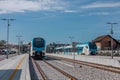 Trains arriving on station Domzale, Slovenia, after renovation. Railway track change and creation of new railway platforms was at