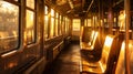 The trains awaiting their passengers in the golden light of sunrise Royalty Free Stock Photo